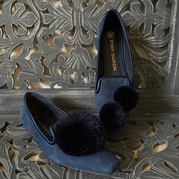 Tory Burch Pompom Smoking Flat Loafers Shoes Satin Blue Women's 7.5M - Picture 1 of 13
